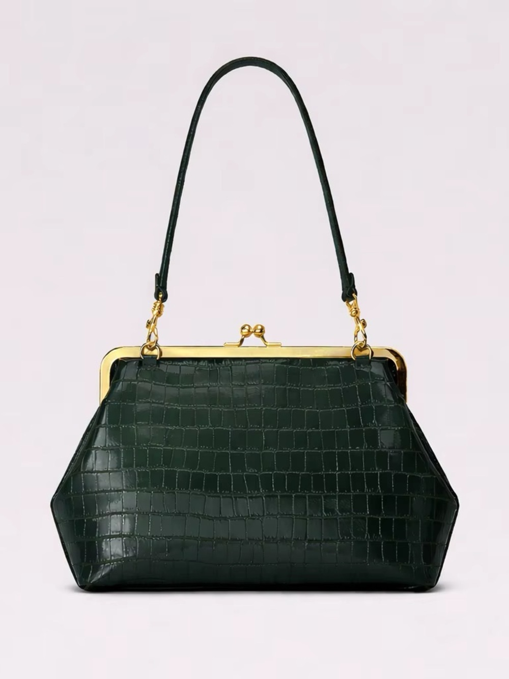 Structured Dark Green Croc-Embossed Frame Handbag with Gold kiss lock.